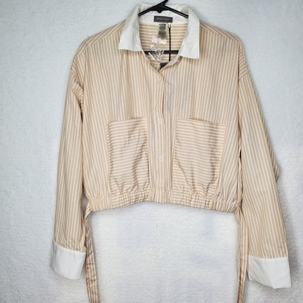 Sans Souci Striped Beige Cropped Blouse Top Size XL